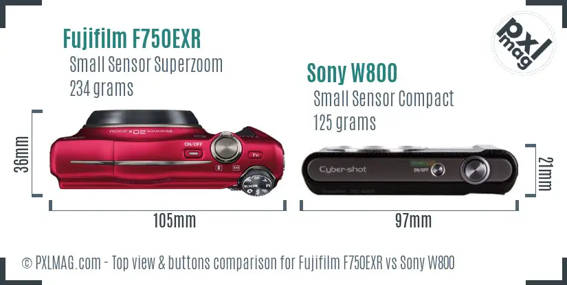 Fujifilm F750EXR vs Sony W800 top view buttons comparison