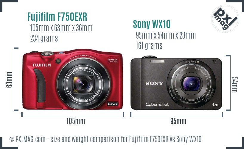 Fujifilm F750EXR vs Sony WX10 size comparison