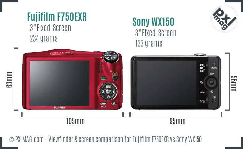 Fujifilm F750EXR vs Sony WX150 Screen and Viewfinder comparison
