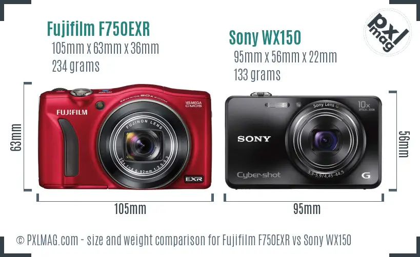 Fujifilm F750EXR vs Sony WX150 size comparison