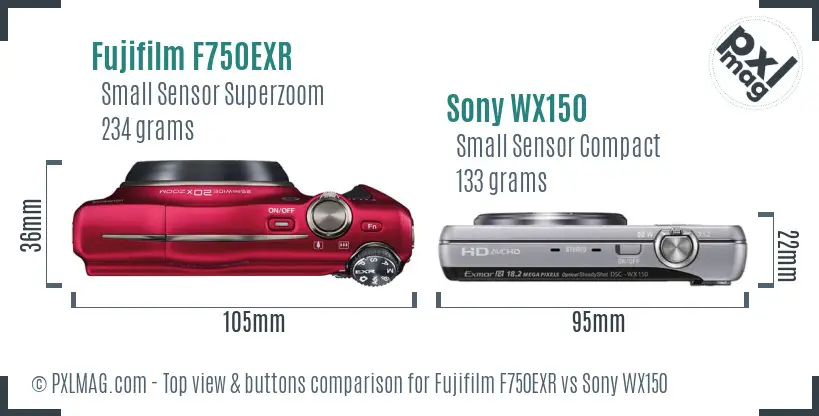 Fujifilm F750EXR vs Sony WX150 top view buttons comparison