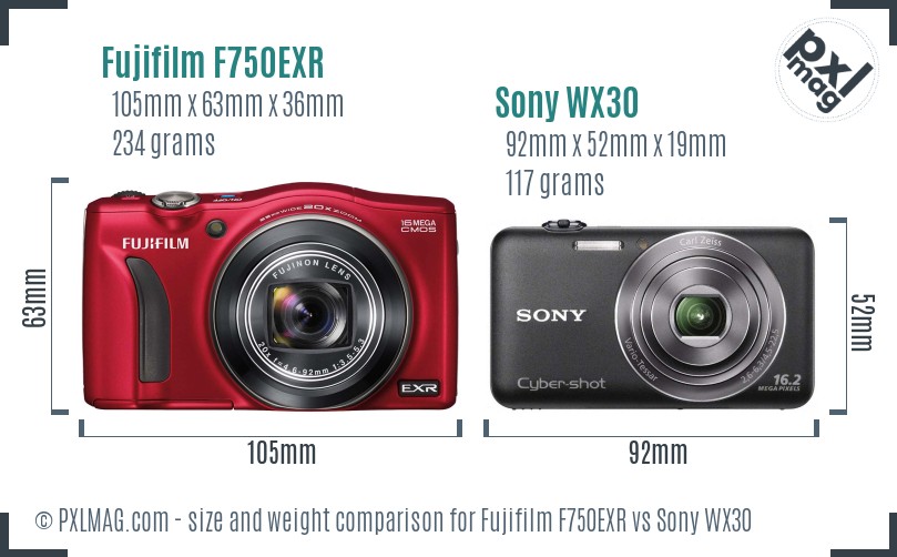 Fujifilm F750EXR vs Sony WX30 size comparison