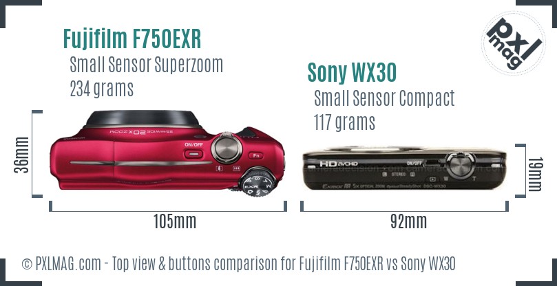Fujifilm F750EXR vs Sony WX30 top view buttons comparison