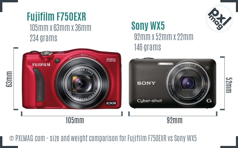 Fujifilm F750EXR vs Sony WX5 size comparison