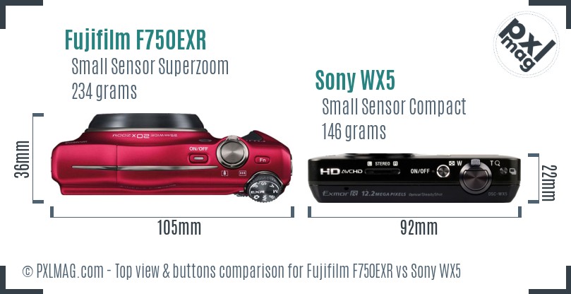 Fujifilm F750EXR vs Sony WX5 top view buttons comparison