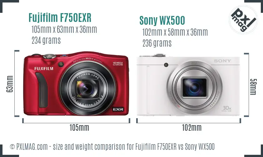 Fujifilm F750EXR vs Sony WX500 size comparison