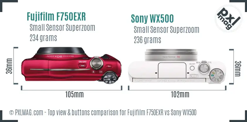 Fujifilm F750EXR vs Sony WX500 top view buttons comparison