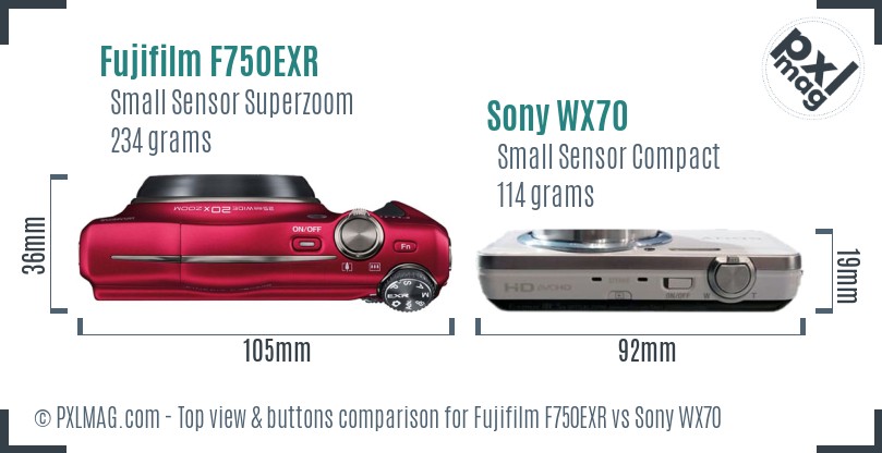 Fujifilm F750EXR vs Sony WX70 top view buttons comparison