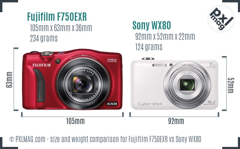 Fujifilm F750EXR vs Sony WX80 size comparison