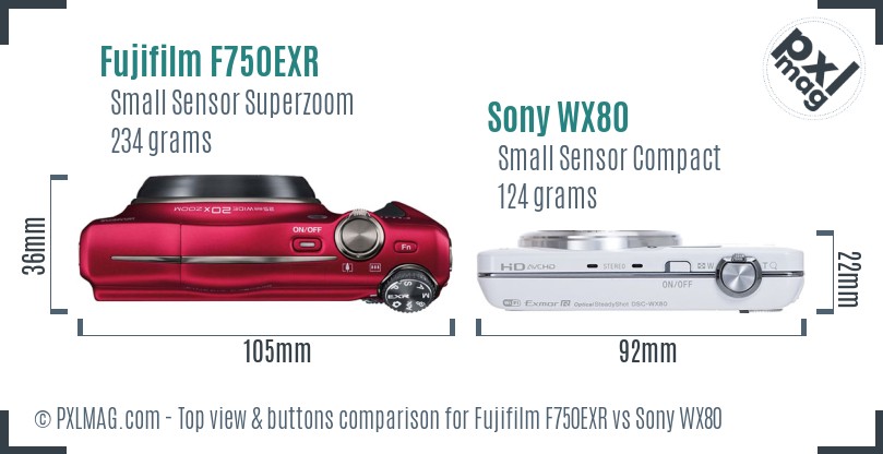 Fujifilm F750EXR vs Sony WX80 top view buttons comparison