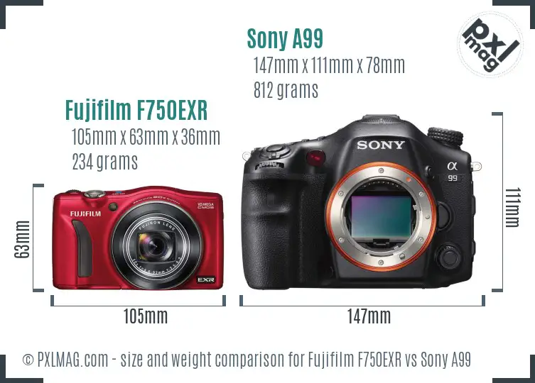 Fujifilm F750EXR vs Sony A99 size comparison