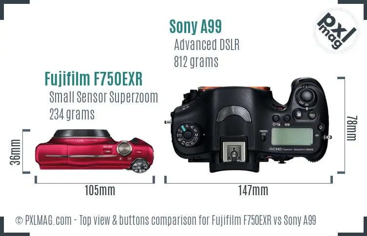 Fujifilm F750EXR vs Sony A99 top view buttons comparison