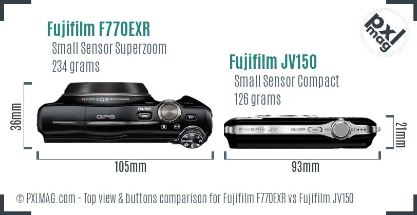 Fujifilm F770EXR vs Fujifilm JV150 top view buttons comparison Fujifilm F770EXR vs Fujifilm JV150 top view buttons comparison