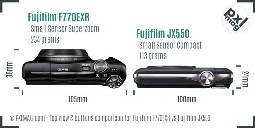 Fujifilm F770EXR vs Fujifilm JX550 top view buttons comparison