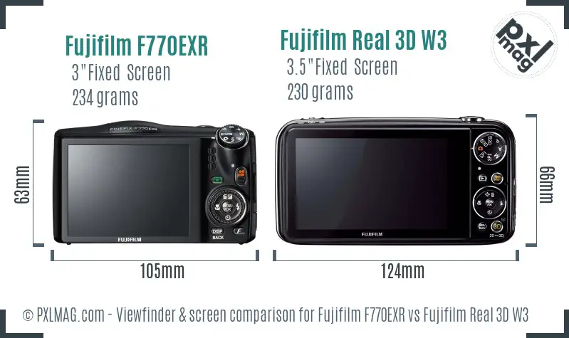 Fujifilm F770EXR vs Fujifilm Real 3D W3 Screen and Viewfinder comparison