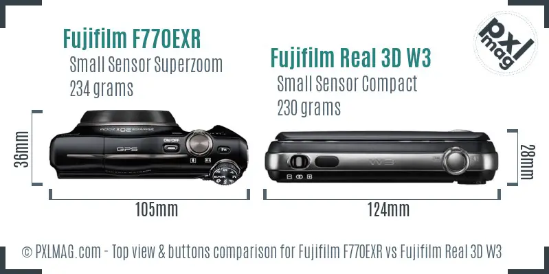 Fujifilm F770EXR vs Fujifilm Real 3D W3 top view buttons comparison