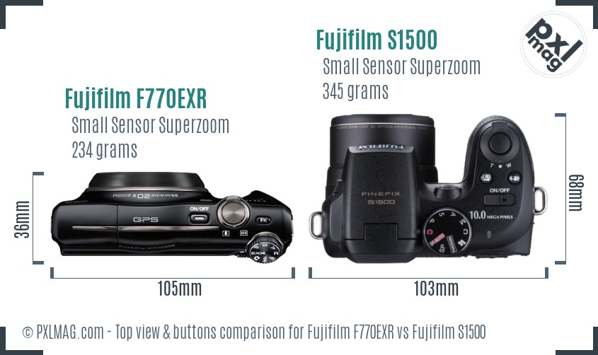 Fujifilm F770EXR vs Fujifilm S1500 top view buttons comparison