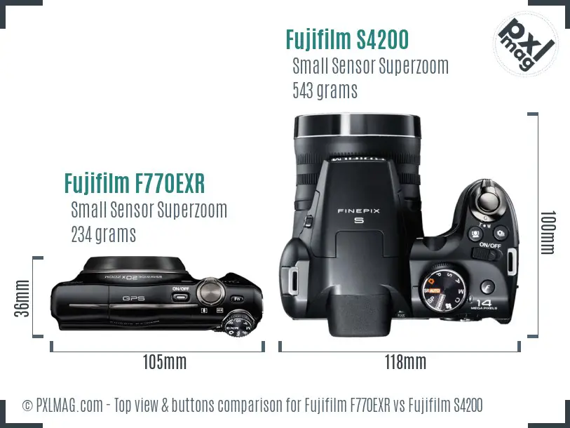 Fujifilm F770EXR vs Fujifilm S4200 top view buttons comparison Fujifilm F770EXR vs Fujifilm S4200 top view buttons comparison
