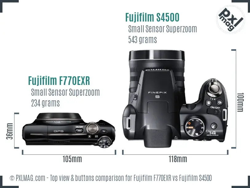 Fujifilm F770EXR vs Fujifilm S4500 top view buttons comparison Fujifilm F770EXR vs Fujifilm S4500 top view buttons comparison