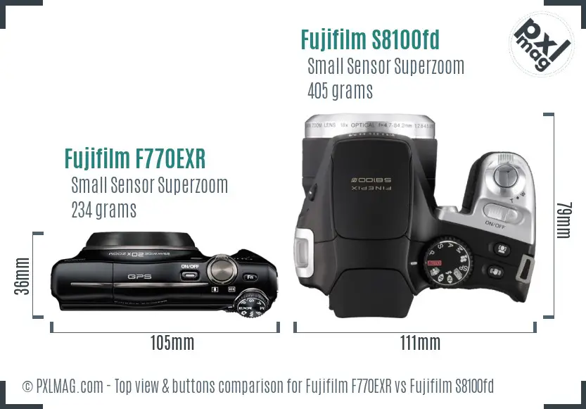 Fujifilm F770EXR vs Fujifilm S8100fd top view buttons comparison Fujifilm F770EXR vs Fujifilm S8100fd top view buttons comparison
