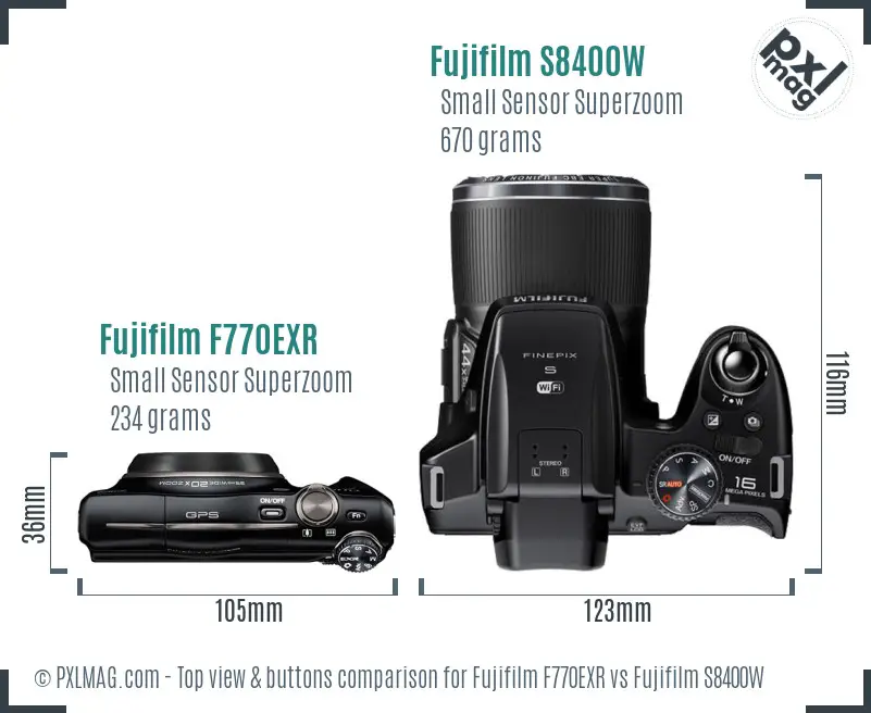 Fujifilm F770EXR vs Fujifilm S8400W top view buttons comparison Fujifilm F770EXR vs Fujifilm S8400W top view buttons comparison