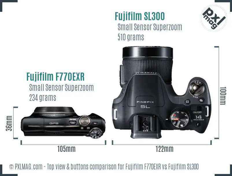 Fujifilm F770EXR vs Fujifilm SL300 top view buttons comparison