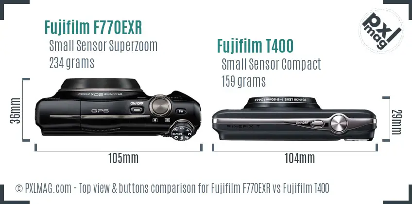 Fujifilm F770EXR vs Fujifilm T400 top view buttons comparison