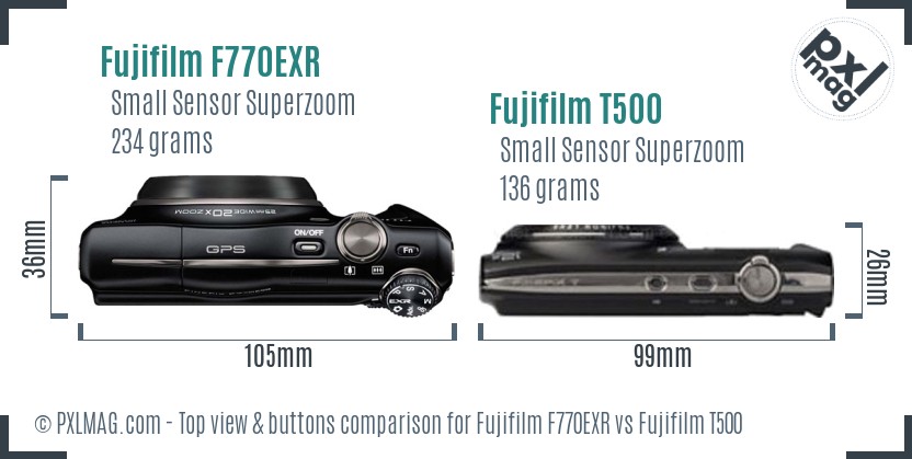 Fujifilm F770EXR vs Fujifilm T500 top view buttons comparison