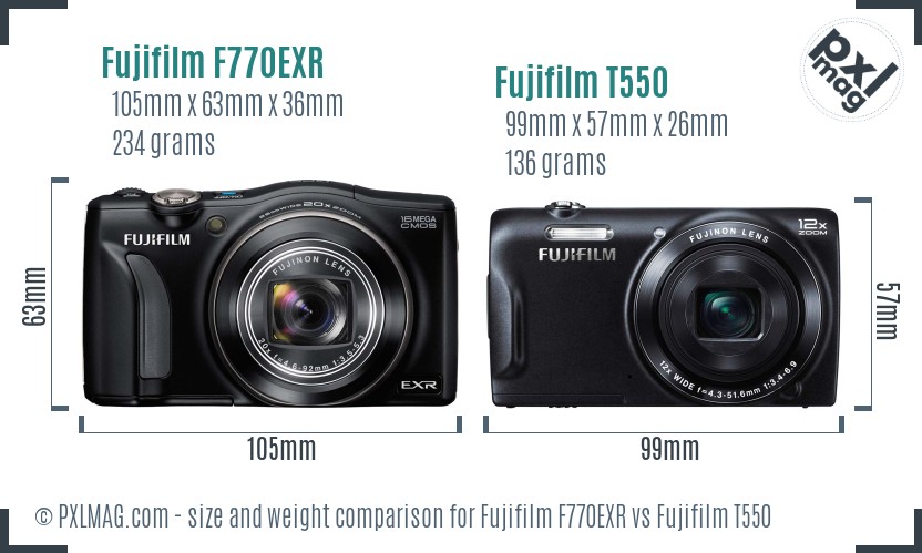 Fujifilm F770EXR vs Fujifilm T550 size comparison