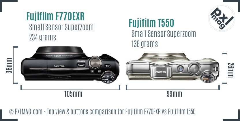 Fujifilm F770EXR vs Fujifilm T550 top view buttons comparison