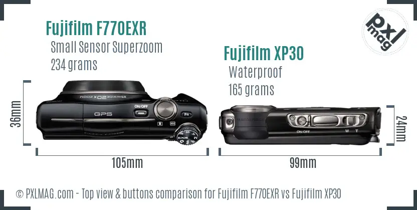 Fujifilm F770EXR vs Fujifilm XP30 top view buttons comparison