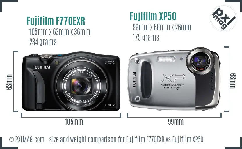 Fujifilm F770EXR vs Fujifilm XP50 size comparison