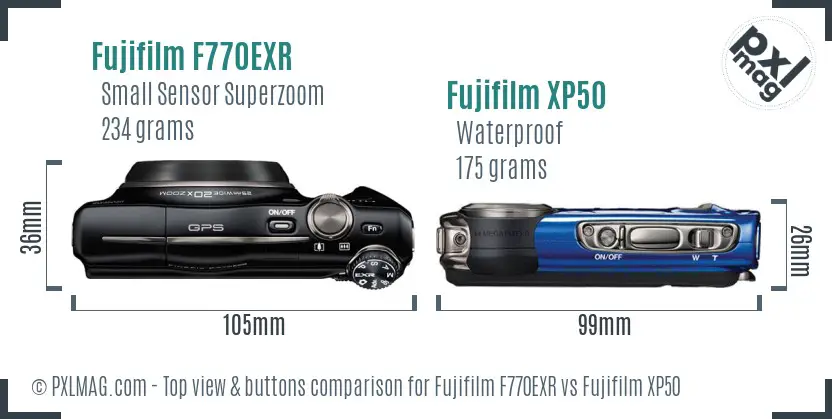 Fujifilm F770EXR vs Fujifilm XP50 top view buttons comparison