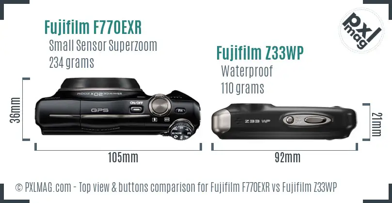 Fujifilm F770EXR vs Fujifilm Z33WP top view buttons comparison
