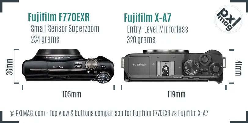Fujifilm F770EXR vs Fujifilm X-A7 top view buttons comparison