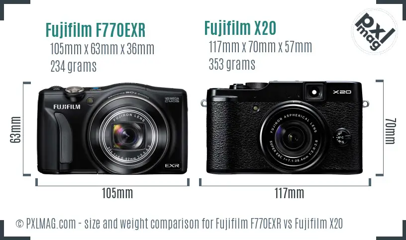 Fujifilm F770EXR vs Fujifilm X20 size comparison