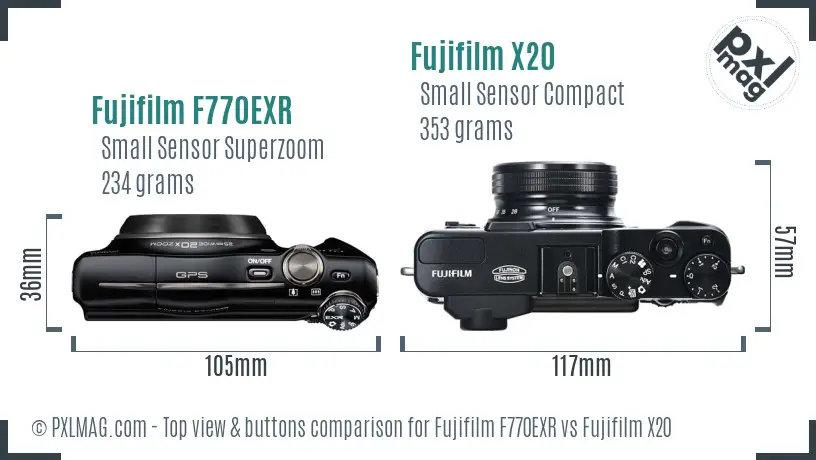 Fujifilm F770EXR vs Fujifilm X20 top view buttons comparison