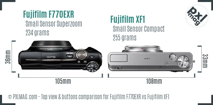 Fujifilm F770EXR vs Fujifilm XF1 top view buttons comparison