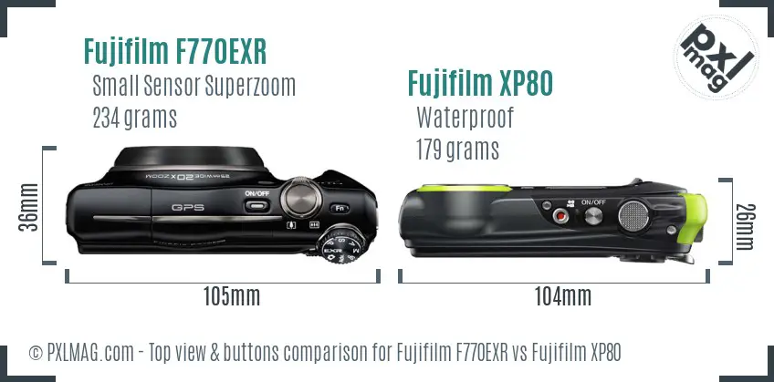Fujifilm F770EXR vs Fujifilm XP80 top view buttons comparison