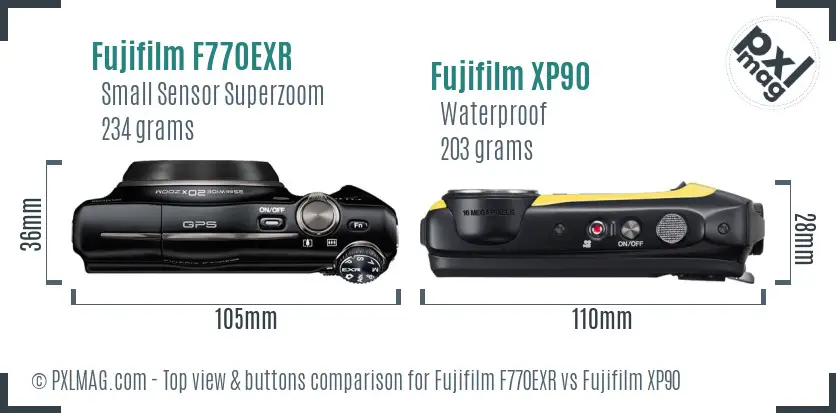 Fujifilm F770EXR vs Fujifilm XP90 top view buttons comparison