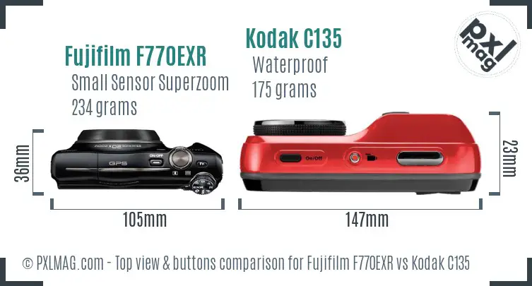 Fujifilm F770EXR vs Kodak C135 top view buttons comparison