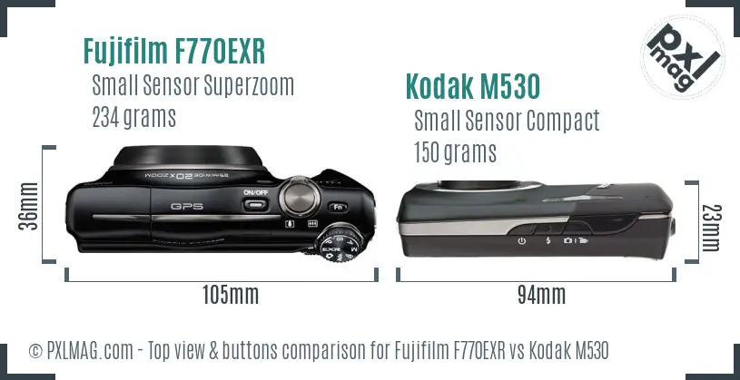 Fujifilm F770EXR vs Kodak M530 top view buttons comparison