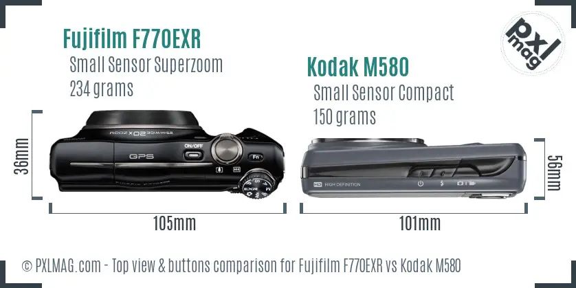 Fujifilm F770EXR vs Kodak M580 top view buttons comparison