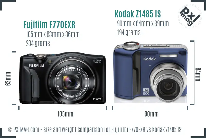 Fujifilm F770EXR vs Kodak Z1485 IS size comparison