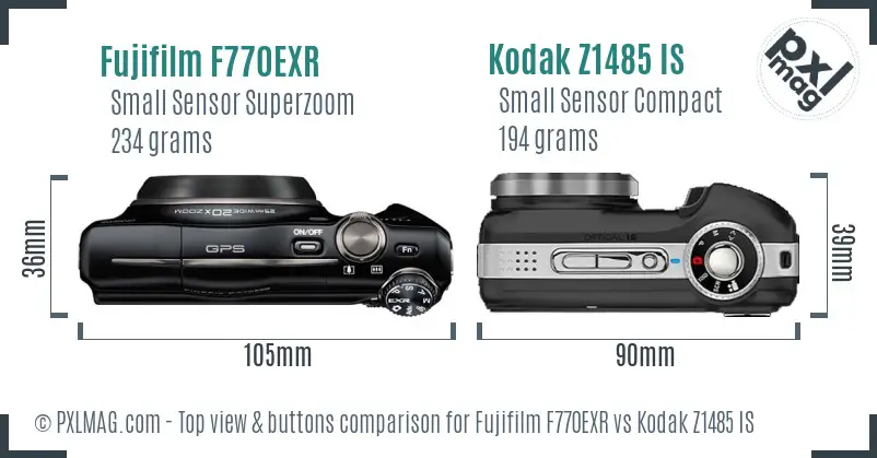 Fujifilm F770EXR vs Kodak Z1485 IS top view buttons comparison