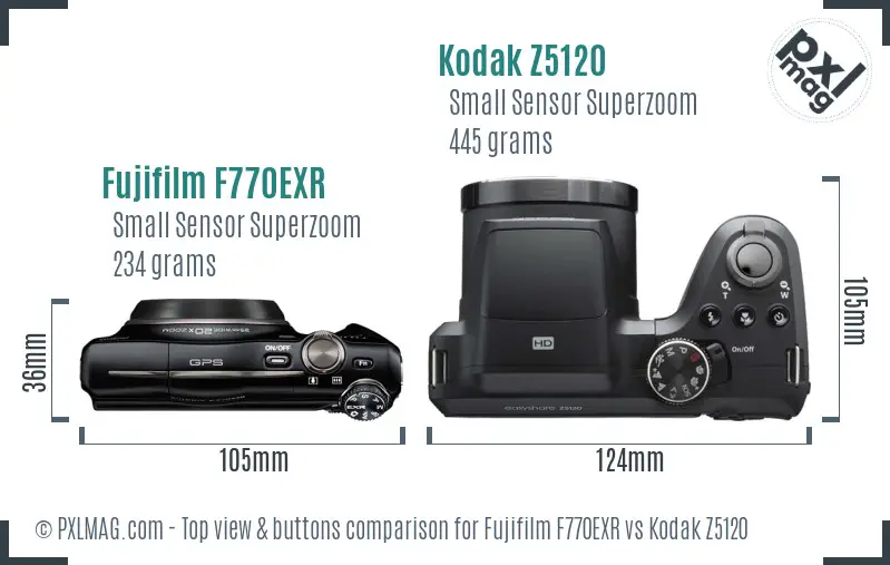 Fujifilm F770EXR vs Kodak Z5120 top view buttons comparison Fujifilm F770EXR vs Kodak Z5120 top view buttons comparison