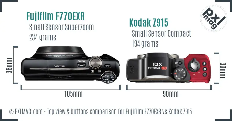 Fujifilm F770EXR vs Kodak Z915 top view buttons comparison