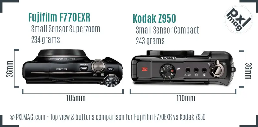 Fujifilm F770EXR vs Kodak Z950 top view buttons comparison