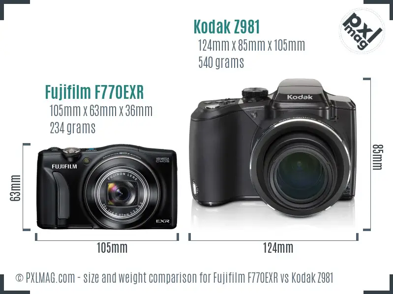 Fujifilm F770EXR vs Kodak Z981 size comparison