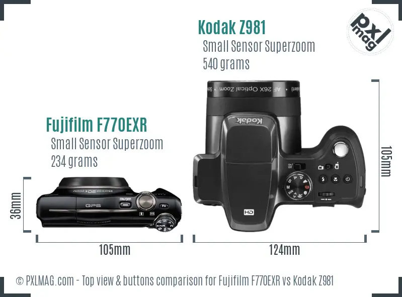 Fujifilm F770EXR vs Kodak Z981 top view buttons comparison